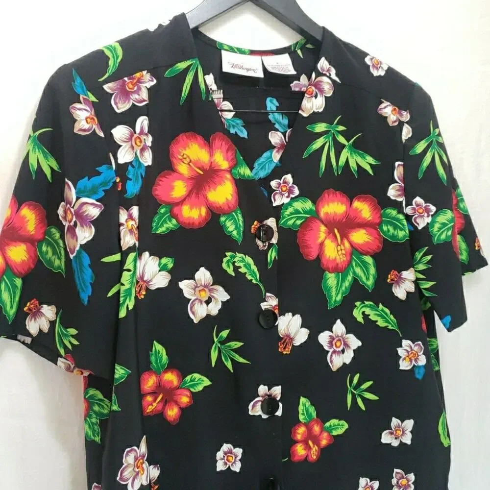 VTG Worthington Tropical Hibiscus Blouse 16 Black Hawaiian Button Up Plus Top - Picture 3 of 8
